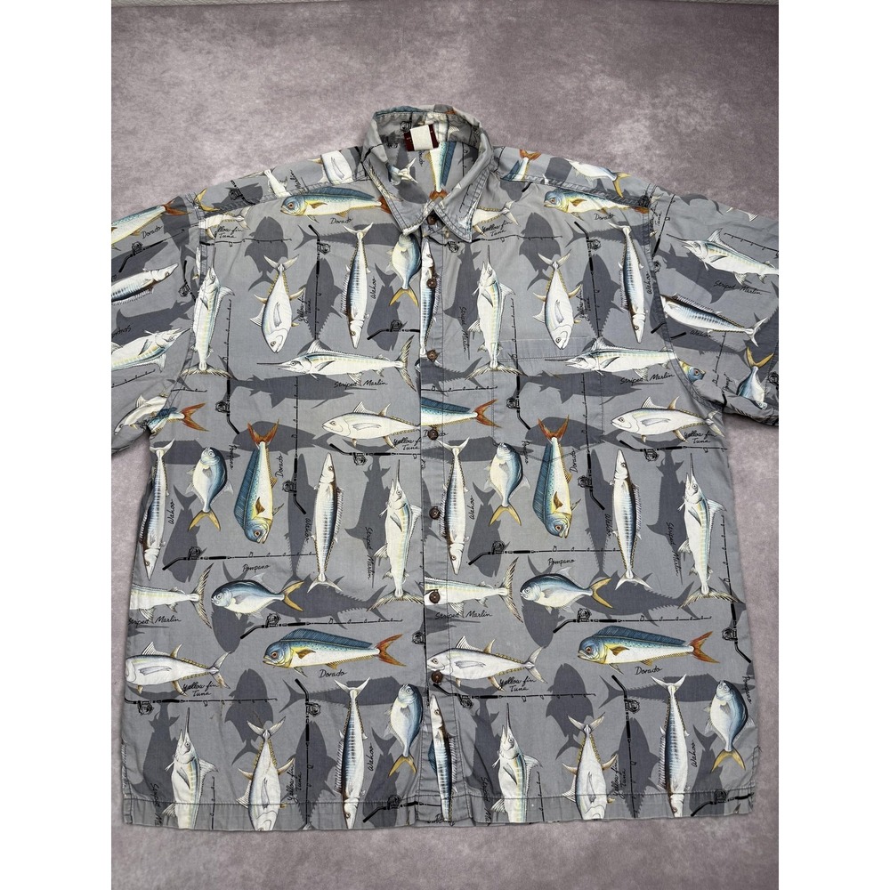 VTG High Seas Trading Co Shirt Mens Large Gray Fish Button Up‎ Short Sleeve USA